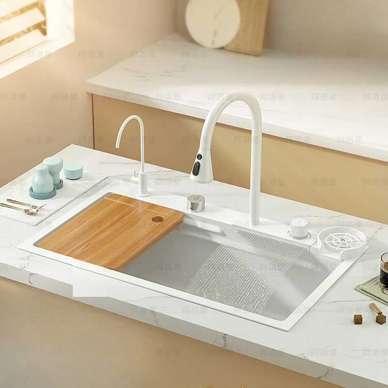 

White Raindance Waterfall Sink Large Single Sink Handmade Nano 304 Stainless Steel Sink Kitchen Home Use