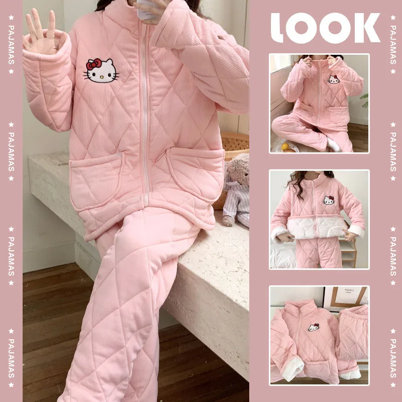 

Sanrio Kawaii Hello Kitty Pajamas Cute Autumn Winter Styles Cold Prevention Keep Warm Triple Layer Cotton Toys Home Clothing Set