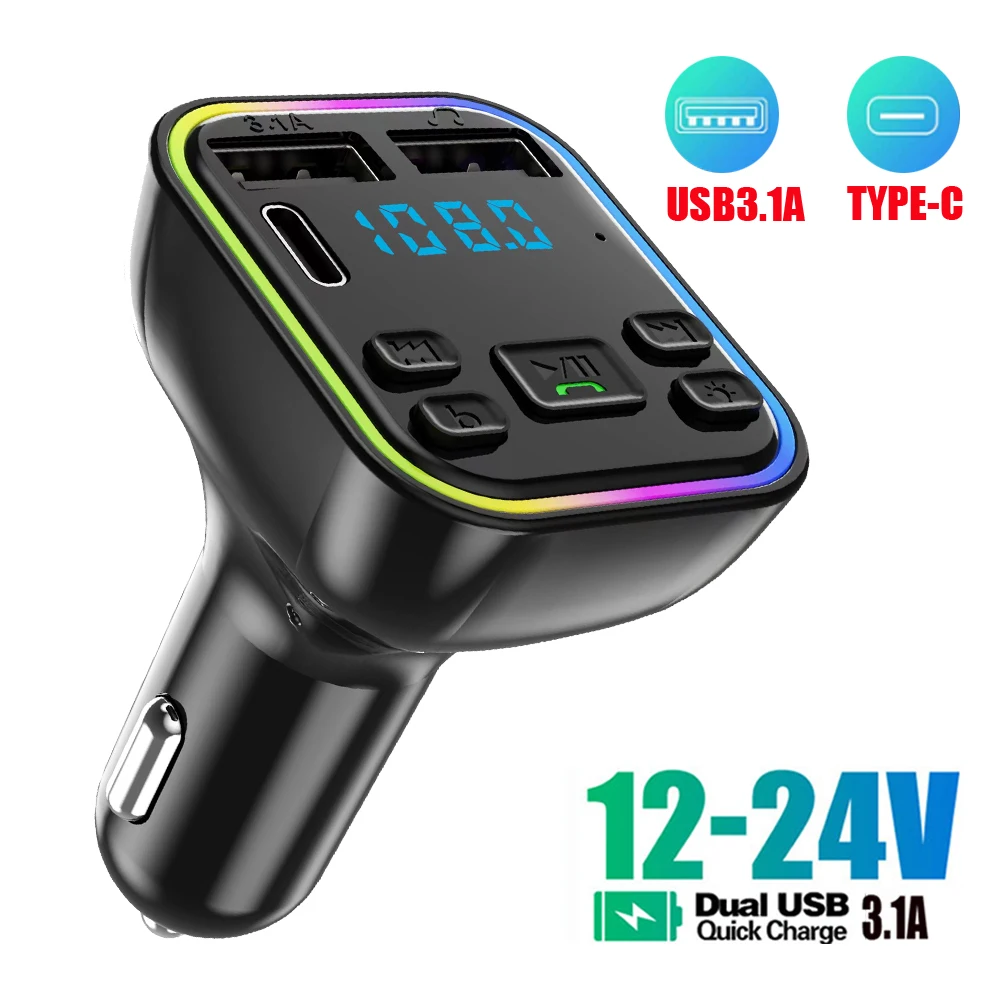 Car Bluetooth 5.0 FM Transmitter PD Type-C Dual USB 3.1A Fast Charger Colorful Ambient Light Handsfree MP3 Modulator Player