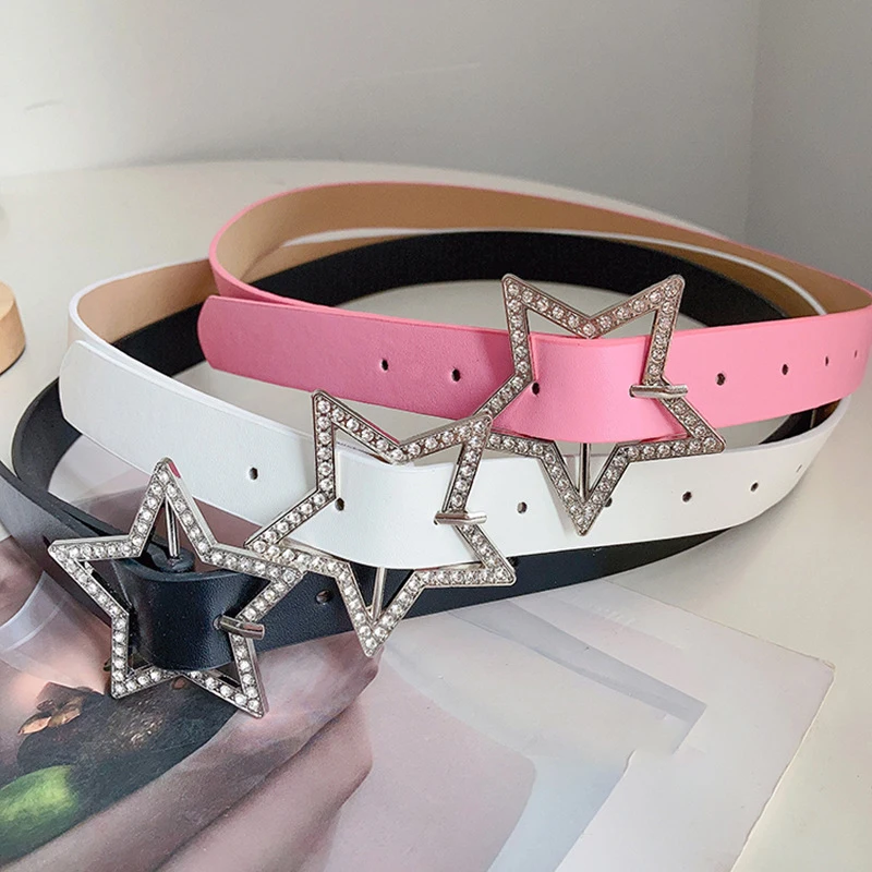 Star Buckle Belt Pink Leather Elastic Binding Embellished Waistband Sparkling Rhinestone Retro Bride Decoration Accessories