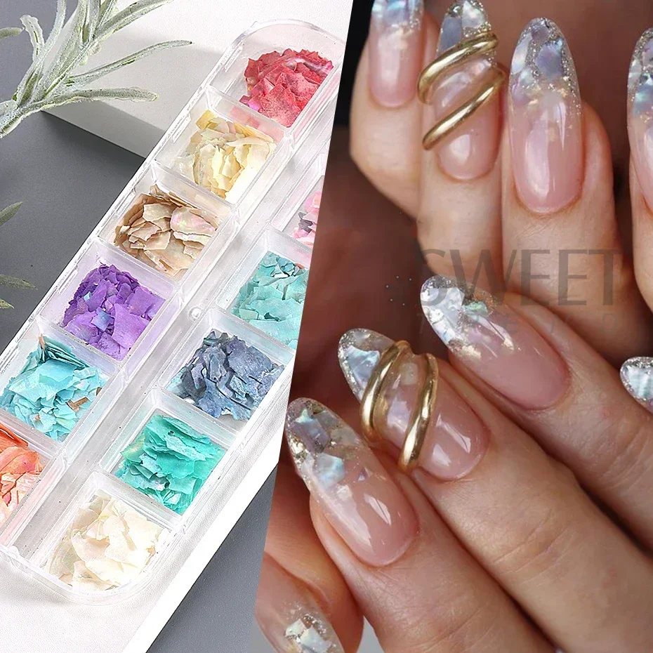 12 Grids Abalone Seashell Flakes Nail Sequin Holographic Irregular Broken Shell Slices Iridescent Mermaid Gel Polish Accessories