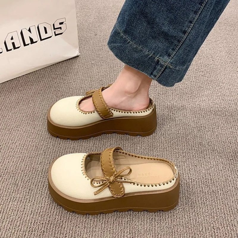 Women Casual Mule Sandals Cute Bow Decor Mary Jane Backless Slides Thick Platform Non Slip Daily Wear Flat Mules Shoes 3