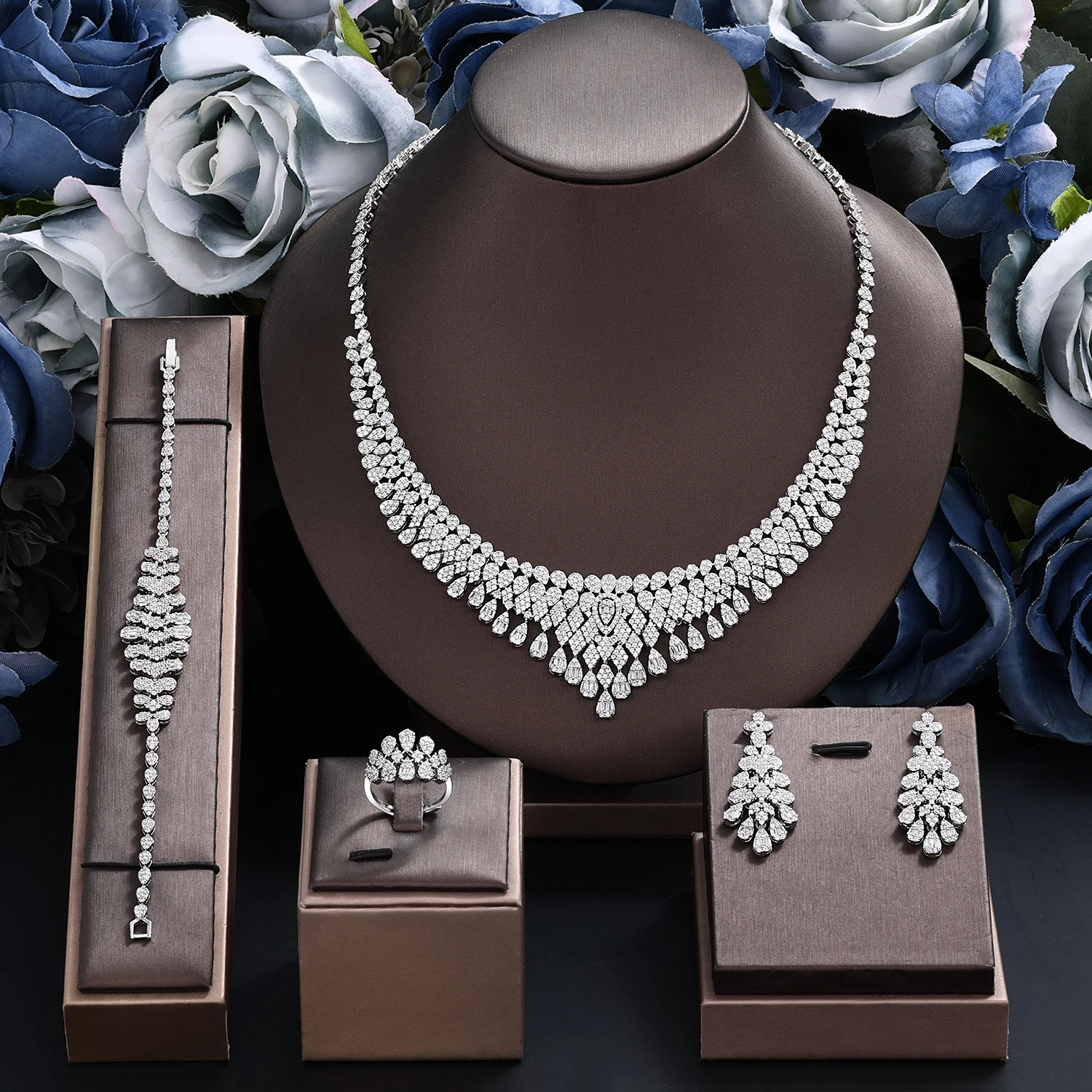 

Nigeria Bridal Zirconia For Women Party Luxury Dubai Necklace Bracelet Earringa Rings CZ Crystal Wedding Jewelry Sets