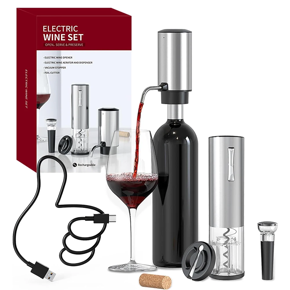 

Rechargeable Wine Aerator Pourer Decanter Electric Wine Opener Set With Foil Cutter And Vacuum Wine Stopper For Wine Lovers Gift