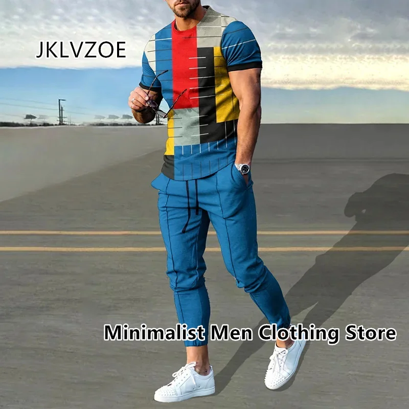 2023 Men's Trousers Tracksuit 2 Piece Set Fashion Sportswear Summer Stripe Print Short Sleeve T Shirt+Long Pants Male Clothing