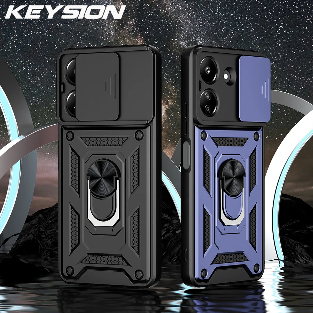 KEYSION 충격 방지 아머 케이스, 샤오미 POCO C65 C51 C50 슬라이드 카메라 보호 링 스탠드 휴대폰 커버, Redmi 13C 12C 10C 용