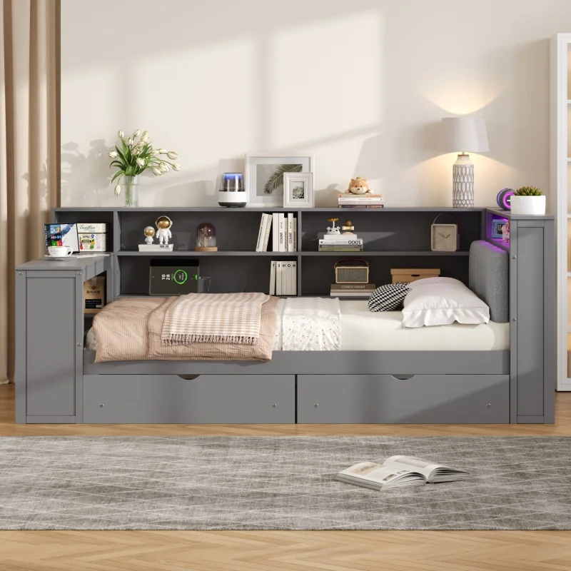 Wooden full-size platform bed with storage rack, drawers, charging ...