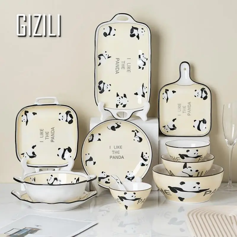 Cute Panda Ceramic Dinnerware Food Plate Cartoon Dinner Plates Set Ableware Bowl Set Household Salad Bowl Kitchen Supplies