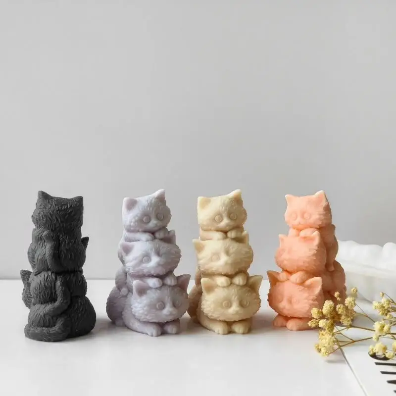 New Creative DIY Animal Three Kittens Silicone Mold Stacking Cats Cute Aroma Candle Plaster Ornaments Car Aromatherapy Molds