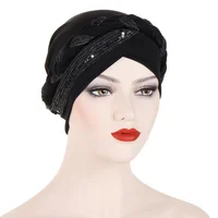 KepaHoo India Lurex Glitter Cross Braid Jersey Turban Hats Beanie Bonnet Canner Islamic Chemo Caps Solid Muslim Hair Loss Cover 2