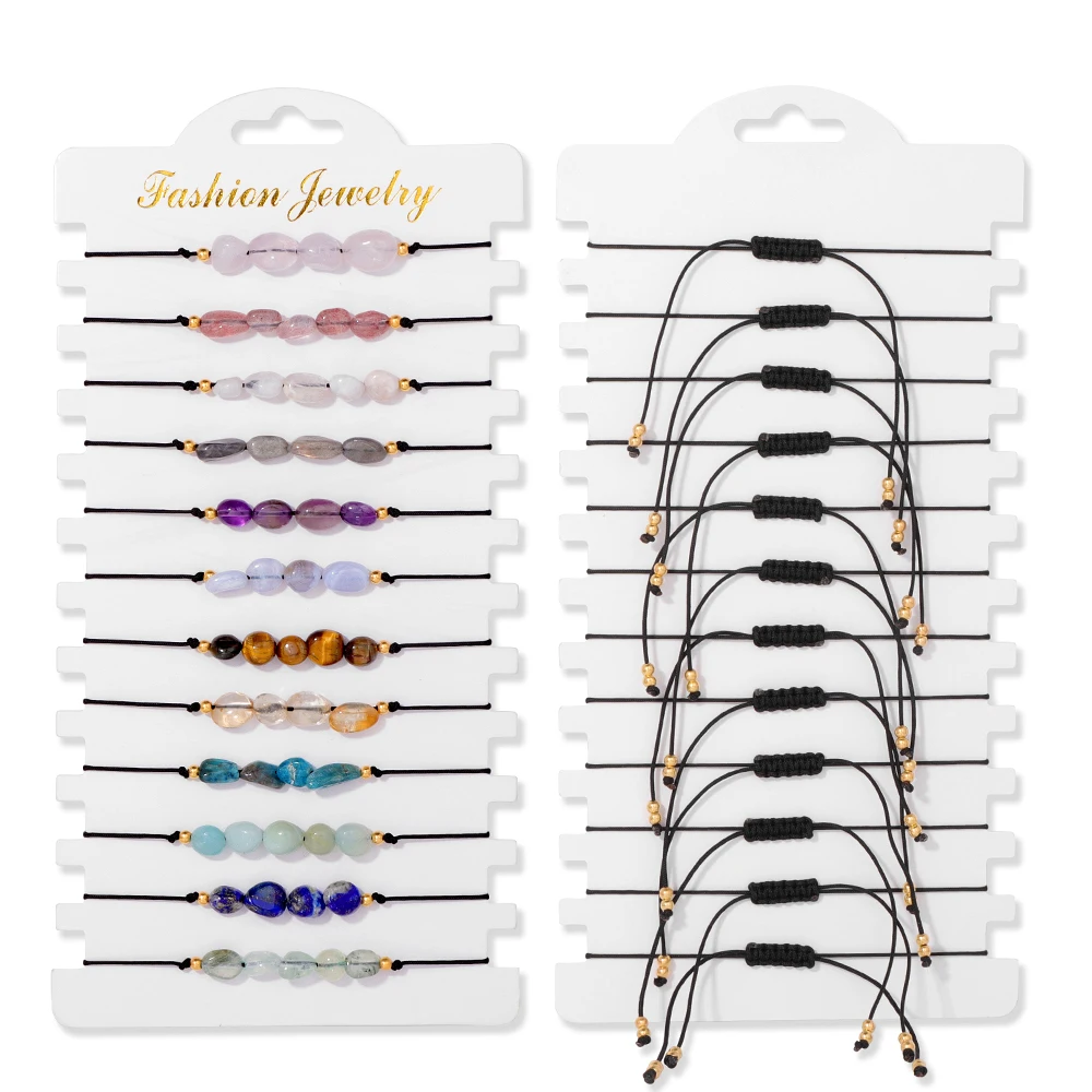 Colorful Natural Stone Adjustable Rope Bracelets - Handmade Bohemian Set with Cards (12 Pieces)