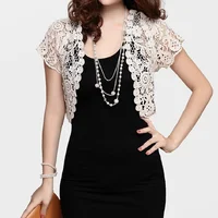 Women Short Sleeve Crochet Shrugs Hollow Out Flower Lace Open Front Cropped Cardigan Sunscreen Jacket Sport Running Vest 1