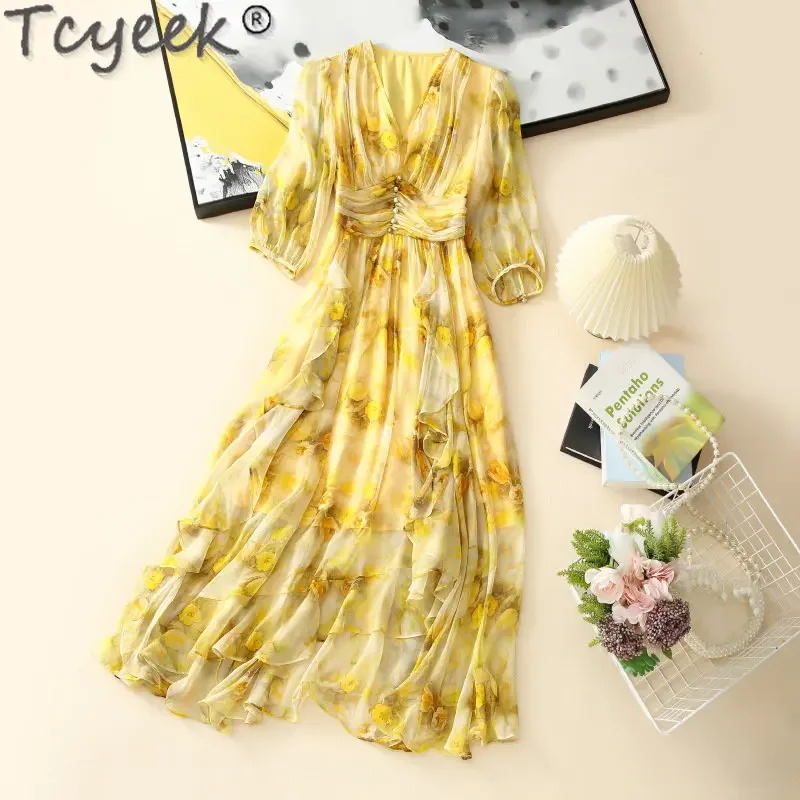 

Летнее платье Tcyeek 2023 с V-образным вырезом, элегантные и красивые женские платья 100%, платье из натурального шелка тутового шелкопряда с коротким рукавом, платья для женщин