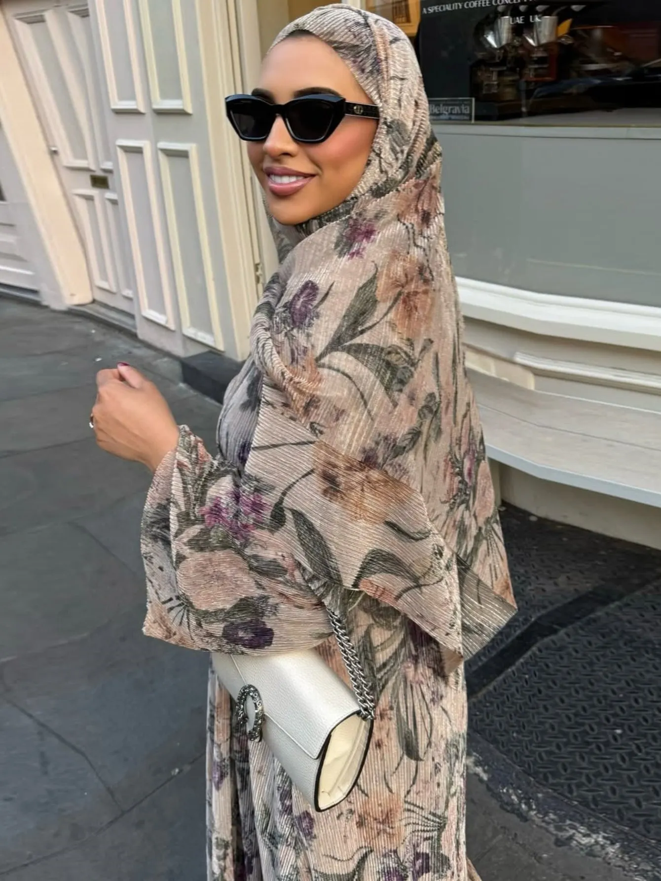Women's folded abaya with floral print and matching hijab - modest open-front dress for daily use and religious occasions
