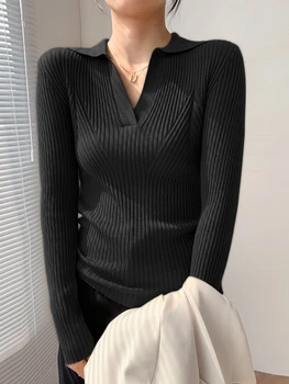 AOSSVIAO موضة بولو طوق البلوز المرأة خريف 2025 كم طويل نحيف أنيق محبوك القمم الصلبة عادية مضلع البلوزات 2