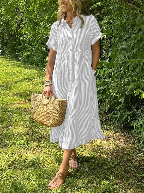 Summer Women's Striped Dress Shirt Lapel Loose Button Cardigan Pocket Fashion Vacation Casual Street Midi Skirt for Female 3