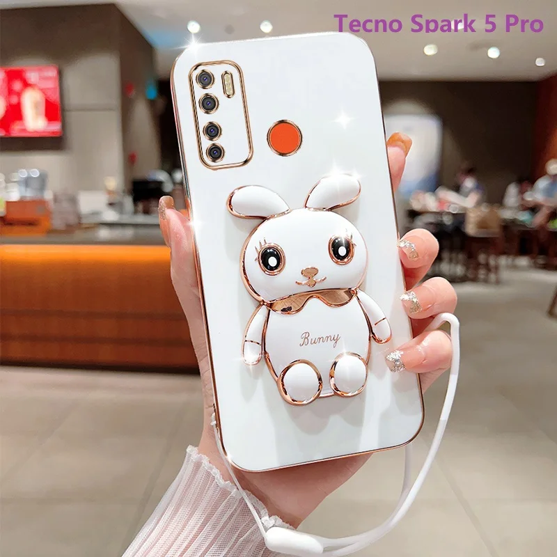 Custodia Per Telefono Per Infinix Tecno Spark Go Spark 8 Pro 7 7 Pro 6 Go 6 Air 5 Pro Placcatura Supporto Per Coniglio Quadrato Con Custodia Landyard