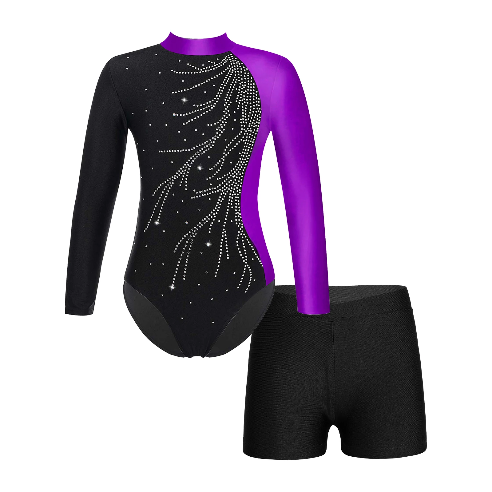 

Kids Girls Gymnatics Figure Skating Ballet Leotards Dance Costume Shiny Faux Diamonds Adorned Leotard with V-front Shorts