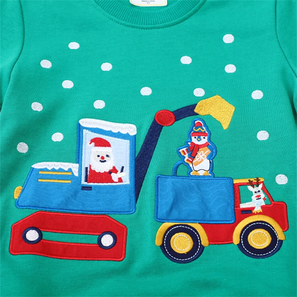 2025 Autumn Green Baby Boys Kids Clothes Children's Clothing Embroidery Cartoon Excavator Santa Claus Sweatshirts