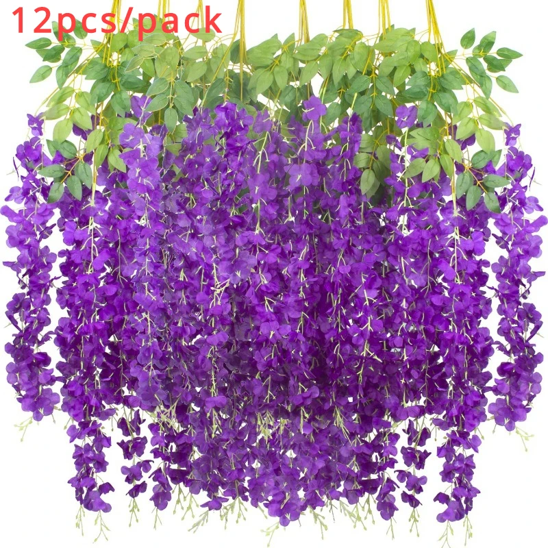 

12pcs Artificial Flowers Hanging Wisteria Faux Flowers Garland Silk Vine Rattan Long String Home Outdoor Wedding Party Decor