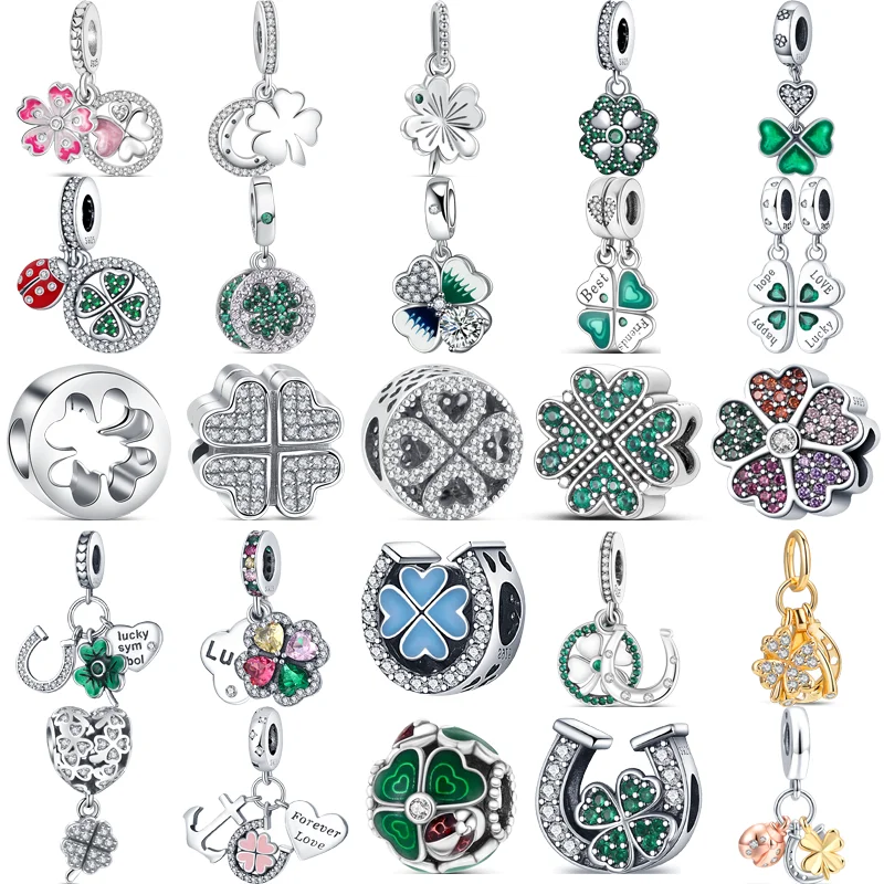

925 Sterling Silver Four Leaf Clover Style Green Clear Zircon Heart Lucky Beads Fit Original Pandora Charms Bracelet DIY Jewelry