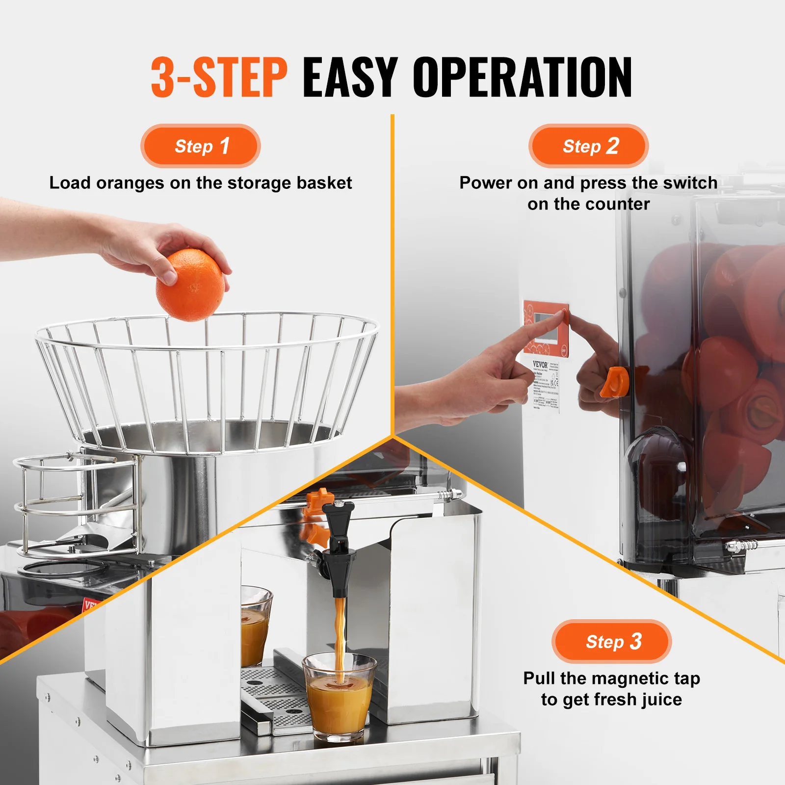 VEVOR Commercial Orange Juicer, 120W Automatic Feeding Juice Extractor w/Water Tap, tainless Steel Juicer Machine 25 Oranges/Min 6