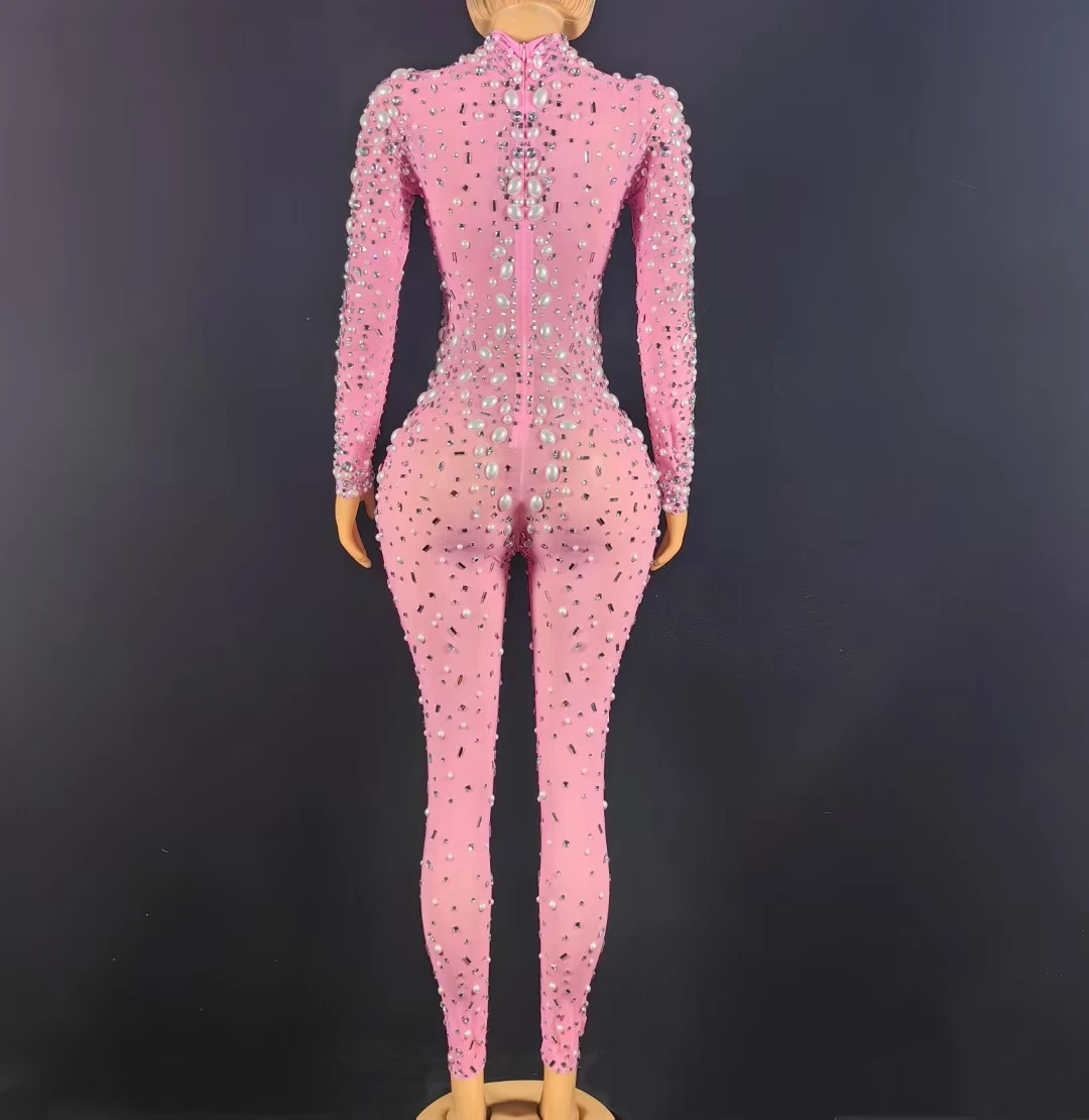 Mono Mujer Sexy Pearls Sequin One Piece Bodysuit Club Rompers Women Music Festival Outfits Ladies Skinny Rhinestone Jumpsuits 4