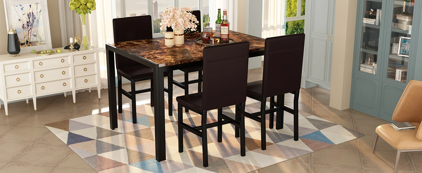 Description Picture 3 of itemDining Table Set for 4, 5 Piece Kitchen Table Set with PU Leather Chairs Space-Saving Faux Marble Dining Room Table Set for 4