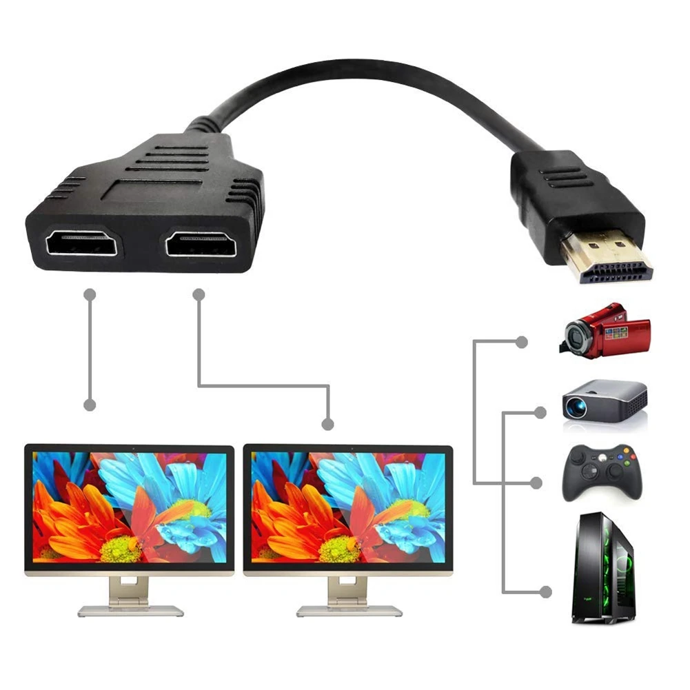 HD 1080P HDMI 분배기 듀얼 포트 1입력 2출력 케이블 (남성-여성) HDTV 어댑터 (노트북, TV 박스, 모니터용) HDMI 호환 분배기