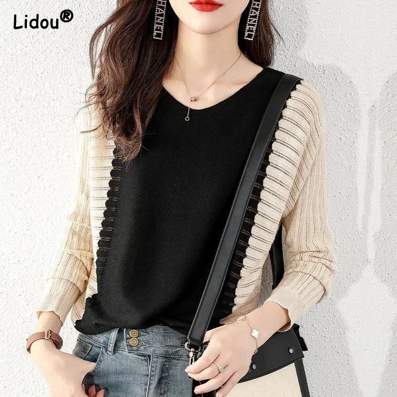 

Contrasting Color Fashion and Elegance Patchwork Sweaters Korean Thick Autumn Winter V-Neck Hollow Out Loose Women's Clothing