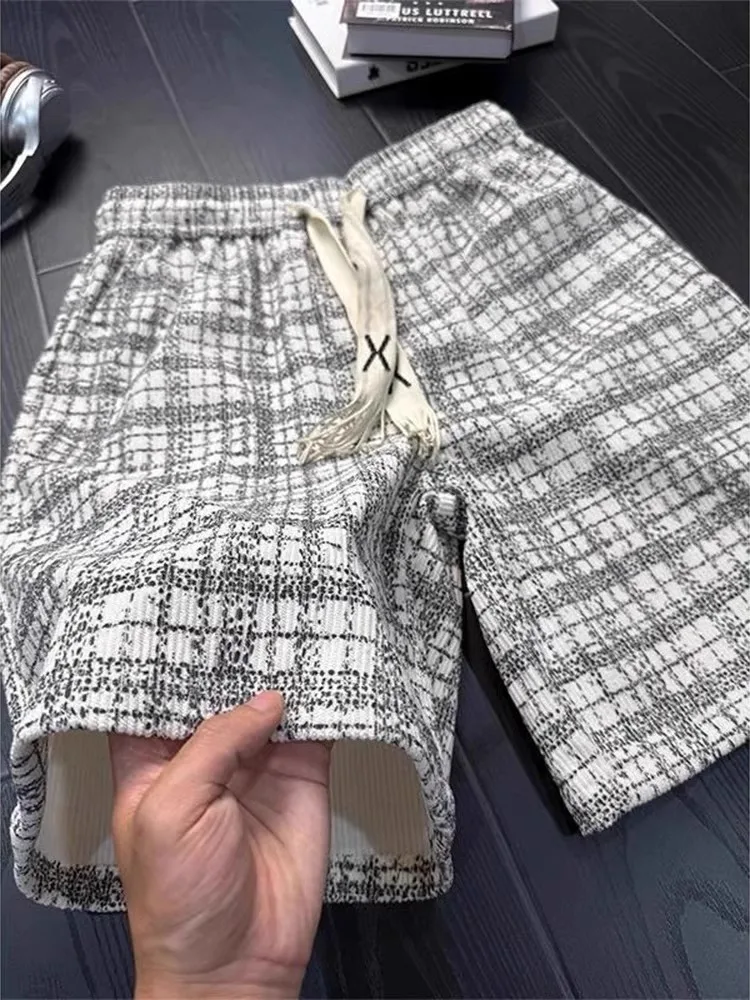 Summer Men's Plaid Tie-Dye orts Beach Five-Quarter Length Spor High-End Feel Loose Fit Polyester Fiber Straight Leg