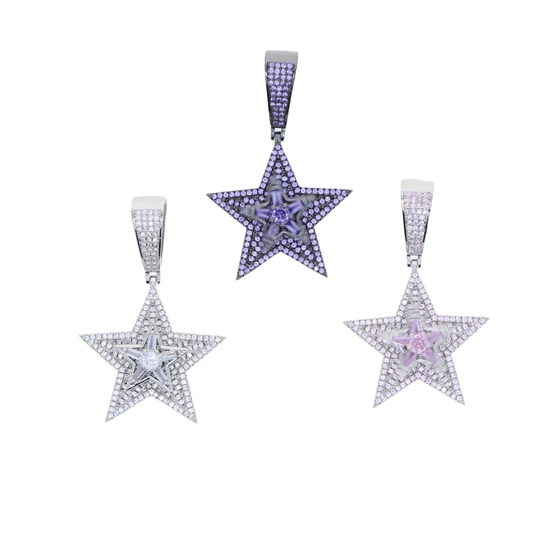 New designer 5-points stars rotatable Charm pendant Necklace Hip hop Women men full paved 5A CZ Party gift jewelry 5