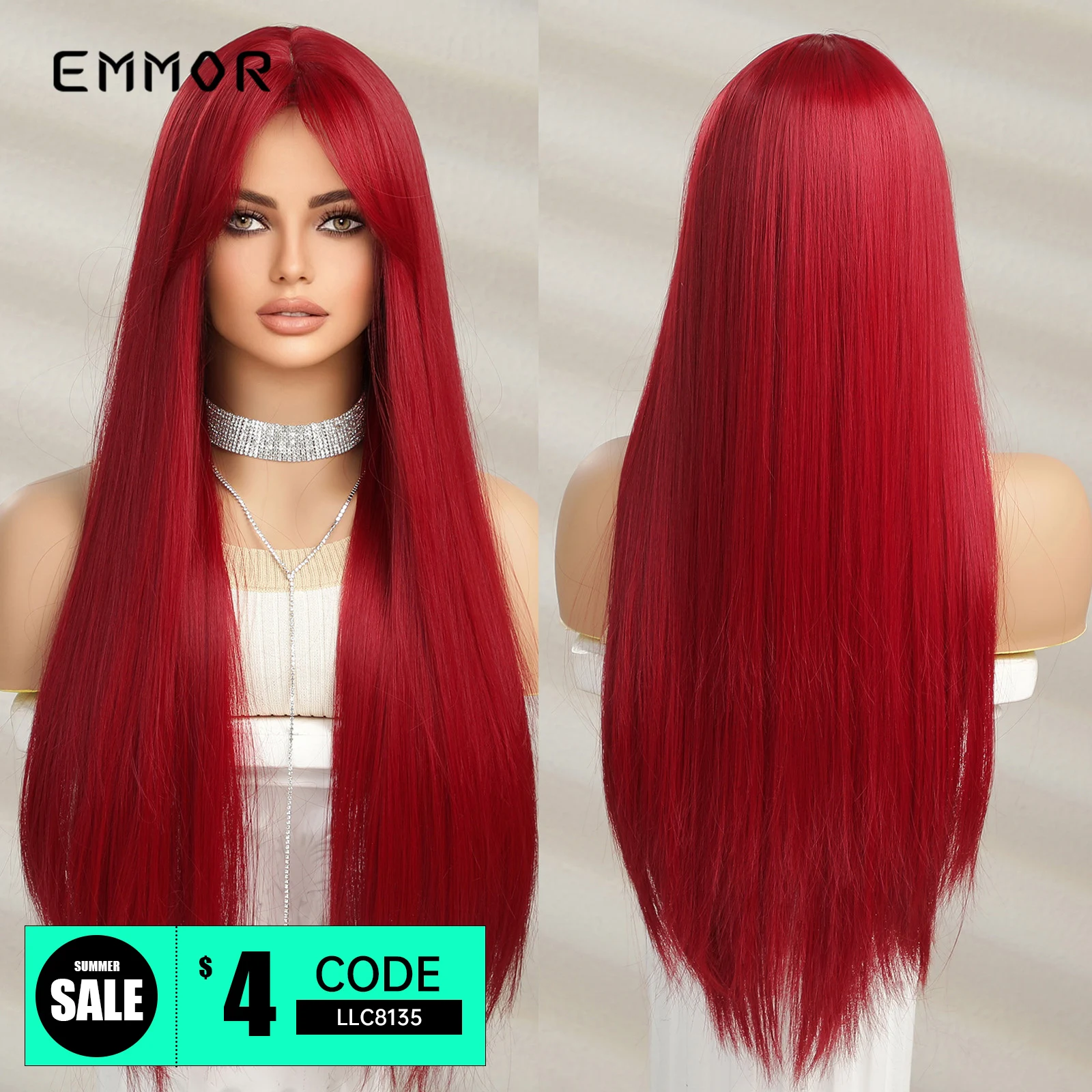 Emmor Long Straight Wine Red Wig With Bang Synthetic Wigs for Women Daily Halloween Cosplay Party Heat Resistant Natural Hair