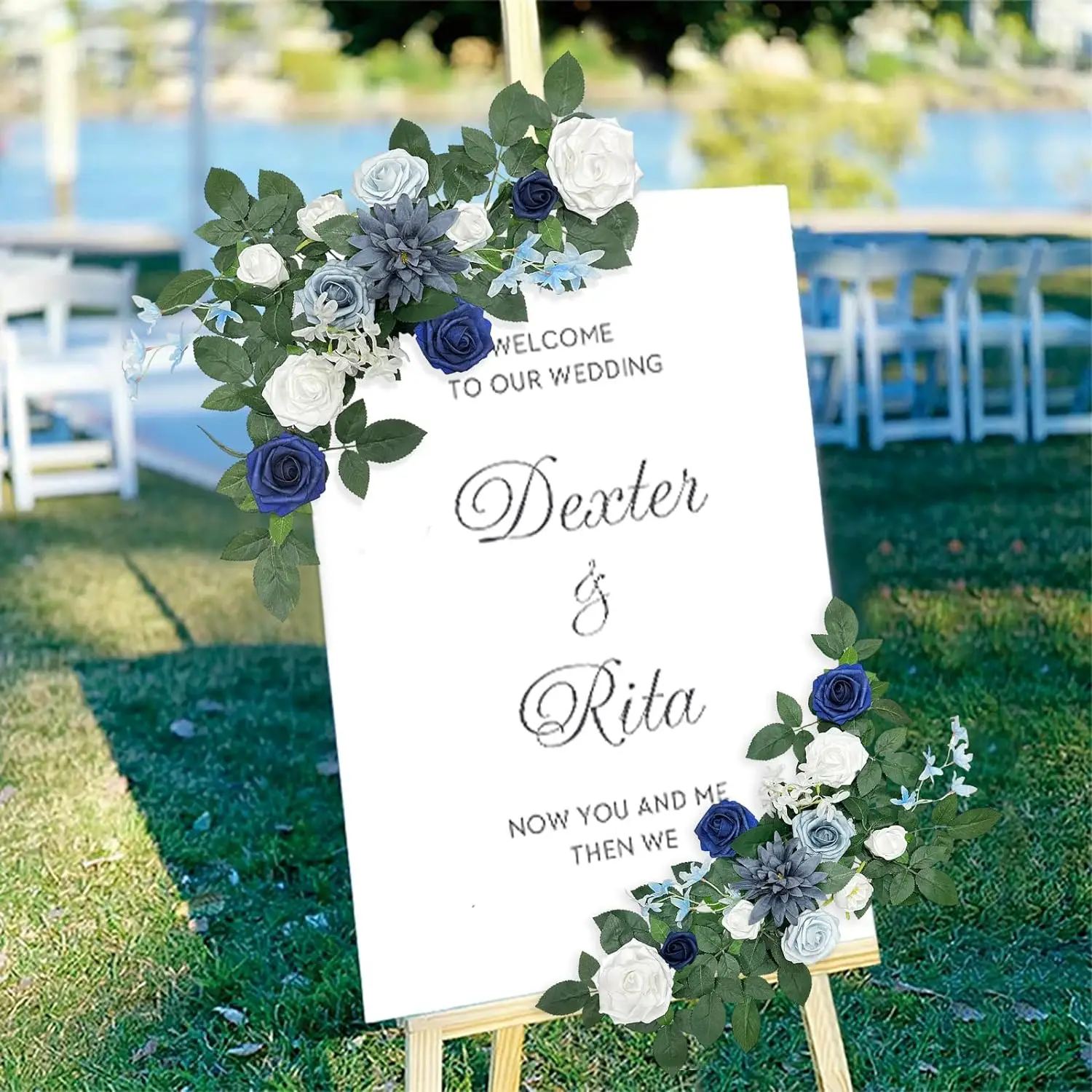 Yannew 2 stücke rustikale Hochzeit Bank Blumen staubigen blauen Gang Dekoration für Sommer hochzeits zeremonie Party Bank Stuhl Empfangs dekor – Detail 9