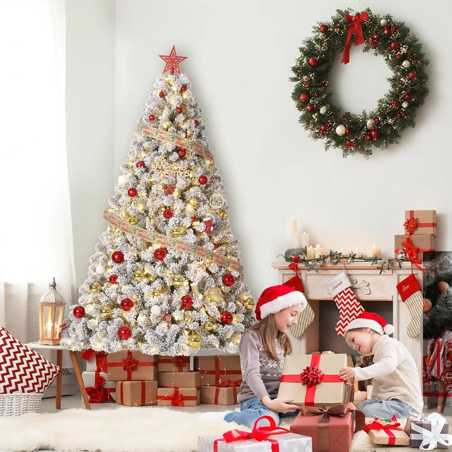7.5FT Pre-Lit Flocked Christmas Tree with 450 Warm White LED Lights – Realistic Snow-Kissed Artificial Tree with Metal Stand & Hinged Branches