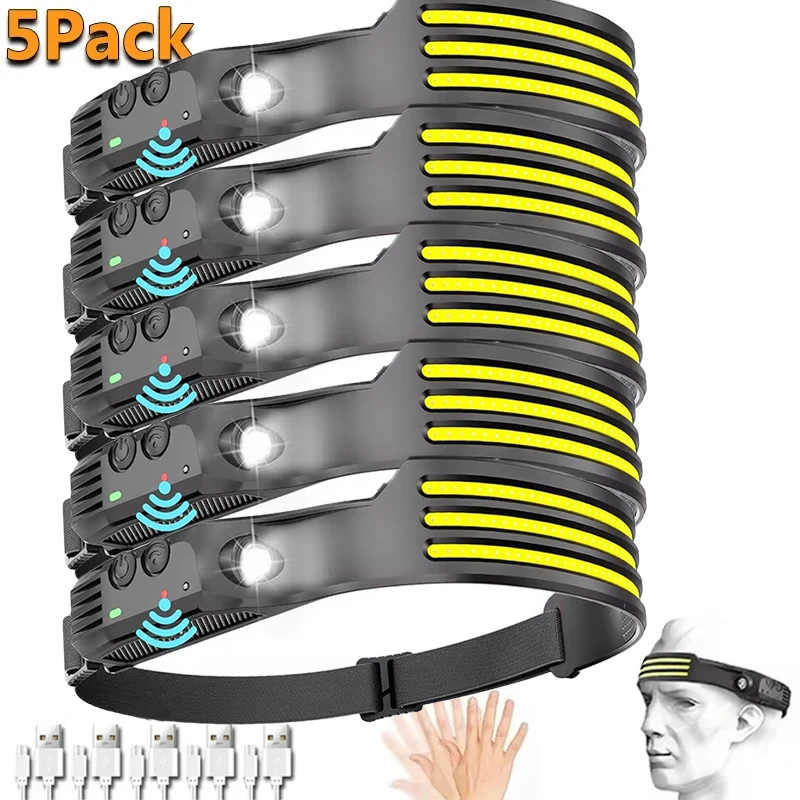 Frontale COB LED induction puissante batterie intégrée recharge USB pour pêche camping et randonnée