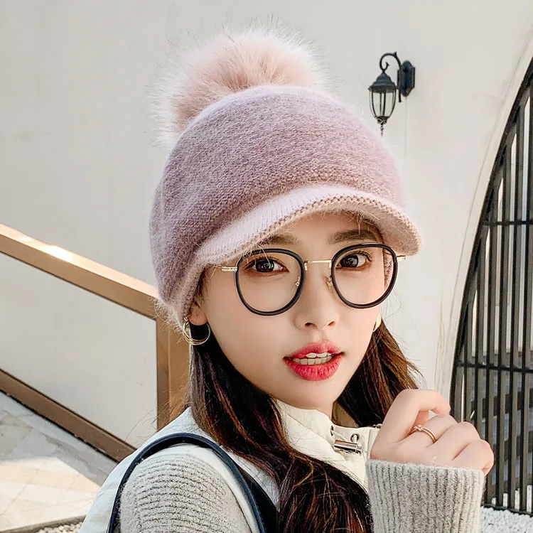 Winter Warm Baseball Cap Women Thick Warm Fuzzy Knit Beanie Cap with Visor Bill Cute Pompom Cold Weather Windproof Baseball Hat 4