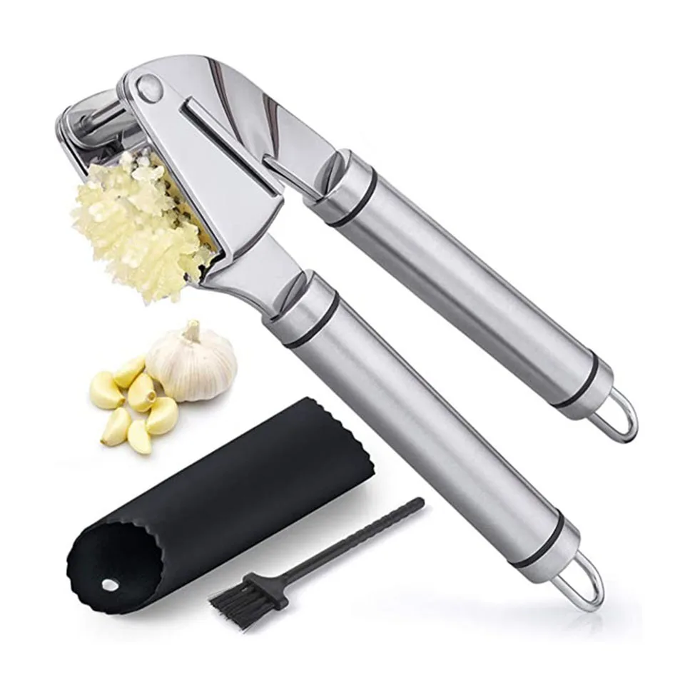 Orblue Garlic Press [Premium], Stainless Steel Mincer, Crusher & Peeler Set