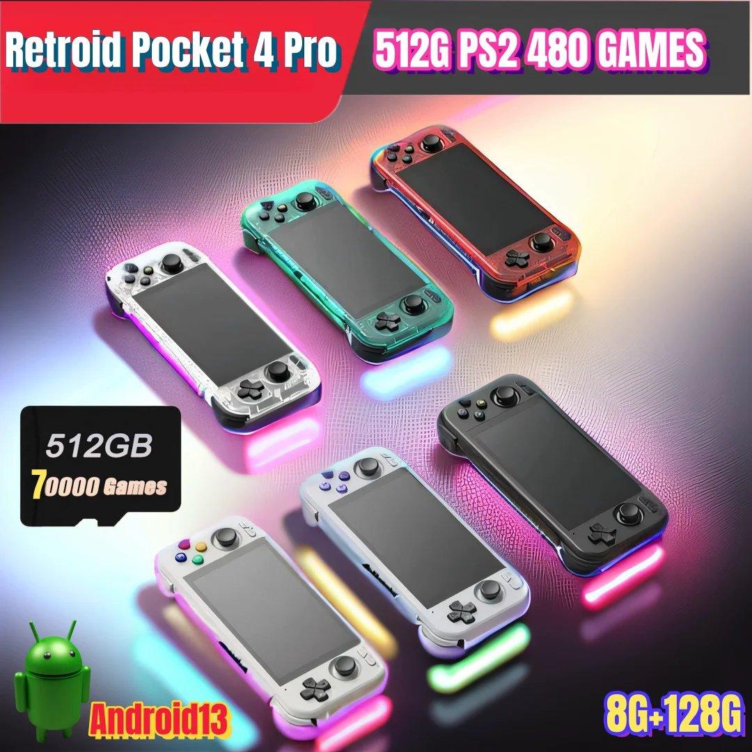 

Ретро портативная консоль для видеоигр Retroid Pocket 4 Pro, 4,7 дюйма, 8 ГБ + 128 ГБ, RP4 Pro, Android 13, Wi-Fi 6,0, Bluetooth 512G, PS2