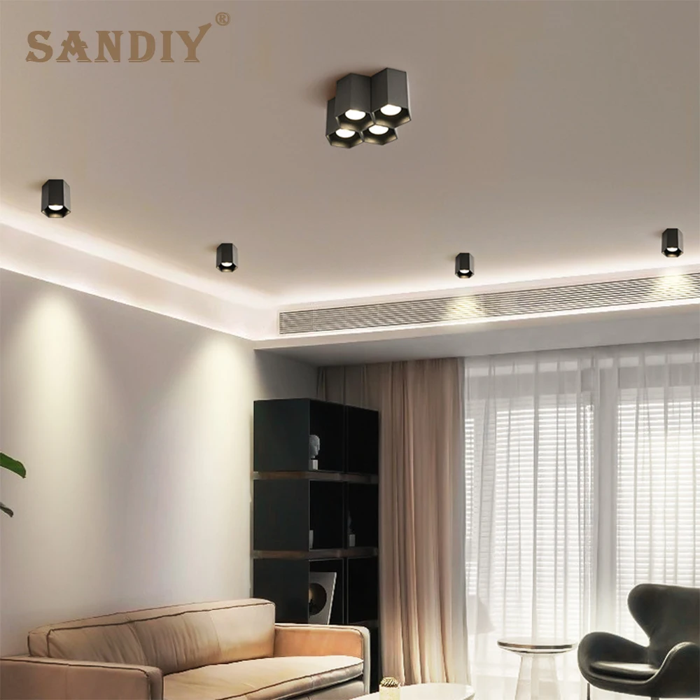 SANDIY 천장 조명 GU10 스포트라이트 육각형 다운 라이트 주방 거실 침실 복도 용 고휘도 천장 장착 LED 스팟 램프 미니멀리스트 가정용 조명기구 화이트 블랙 230v 220v 110v