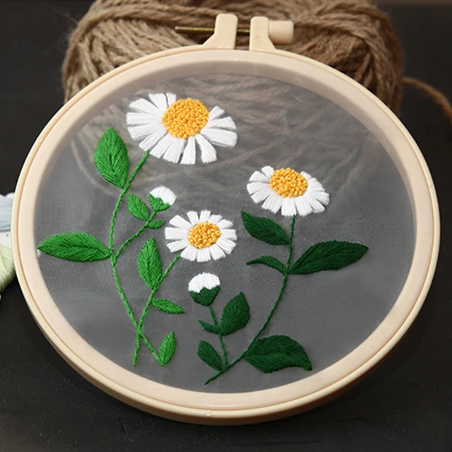  Kit de punto de hilo de flores para bordar, conjunto de bordado de margaritas y girasoles para principiantes, materiales transparentes, DIY _