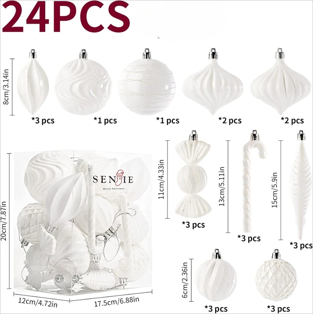 Christmas Ball Ornaments Shatterproof Plastic Tree Ornaments 24 PCS Shaped Styles Xmas Tree Holiday Decor,White 3