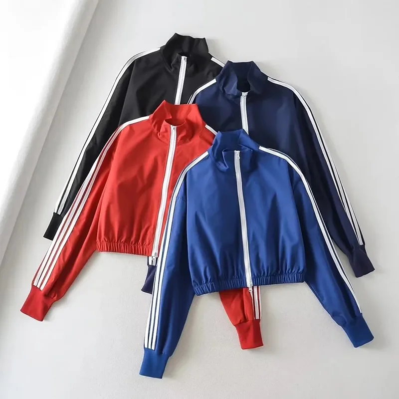 Women Striped Training Tracksuit Set With Double Zip Jacket And Drawstring Cuff Straight Leg Pockets Detail