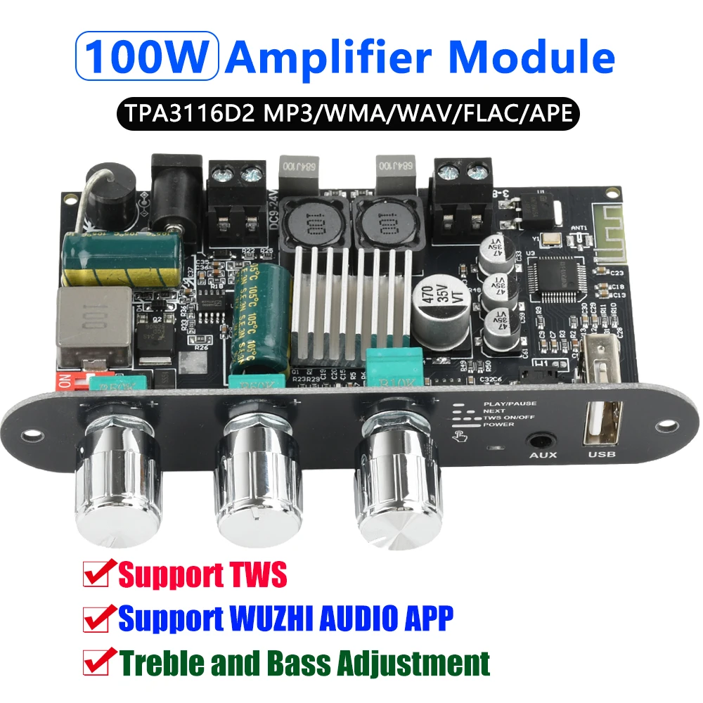 ZK-1001U Mono Amplifier Board With TWS, 100W Power Output, Vehicle Amplifier Wide Voltage Input 9-24V, Supports USB/AUX/Bluetooth, Black