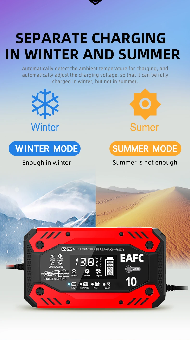 EAFC 12V 10A Intelligentes Autobatterie-Ladegerät 24V 5A Pulsreparatur für Auto- und Motorradbatterien Blei-Säure-Batterie-Ladegerät mit LCD-Anzeige – Detail 4