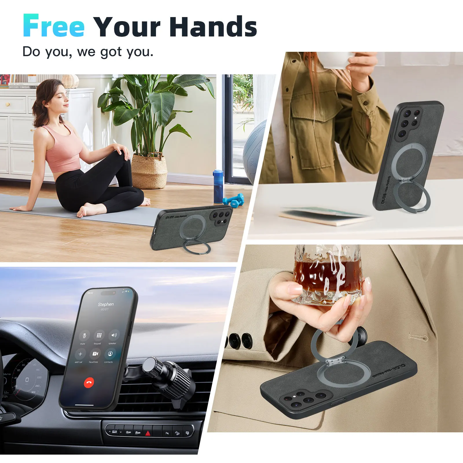 Magnetic Kickstand Leather Phone Case with Wireless Charging Compatibility