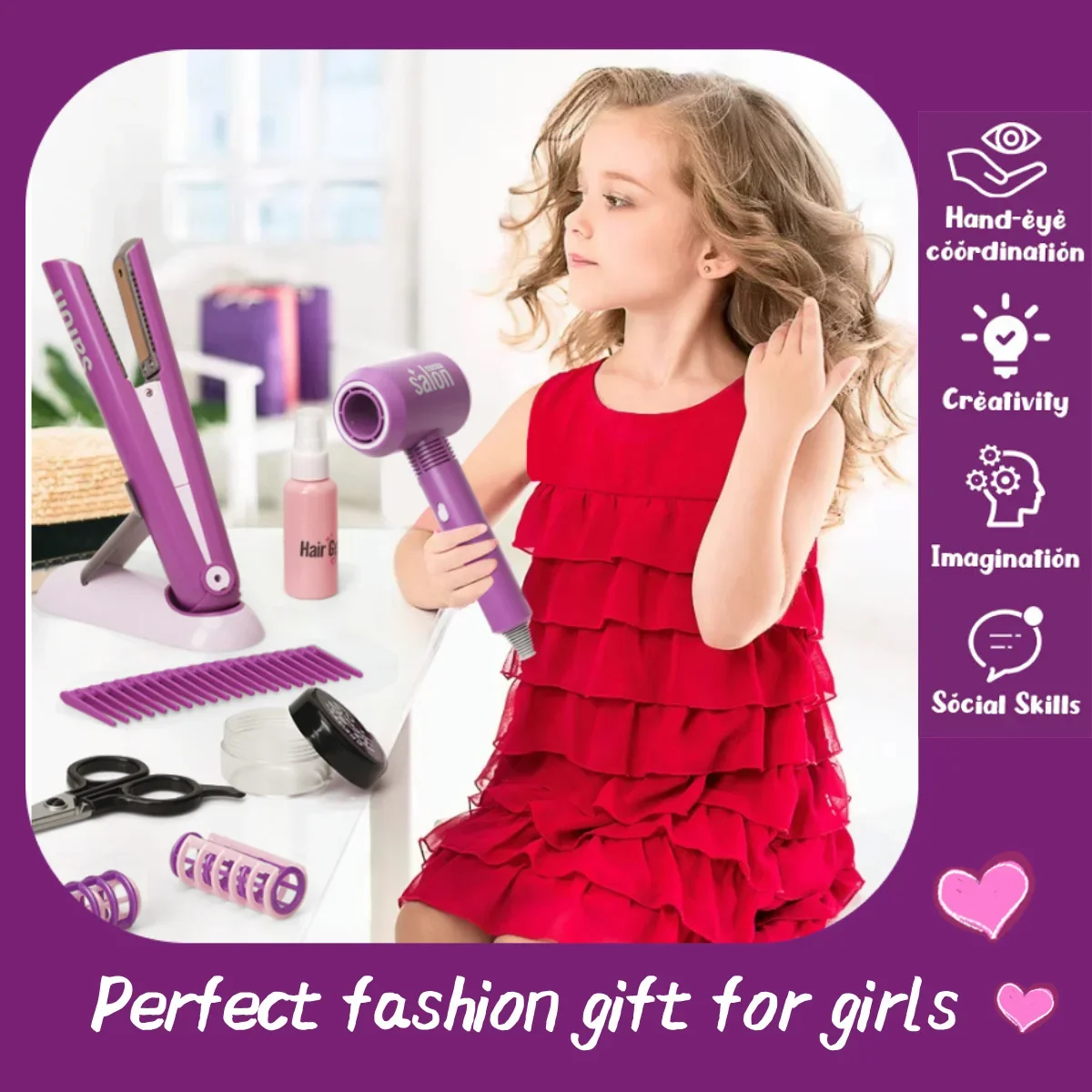 14pcs Hair Salon Pretend Play Toys for Girls, Makeup Playset Toddler Dress Up Beauty Stylist Kit, Hairdryer&Straightener, Gift