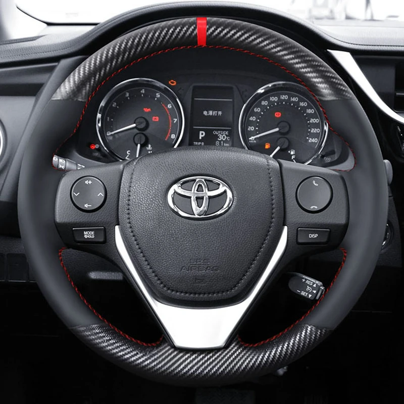 MEWANT Hand-Stitched Steering Wheel Cover For Toyota RAV4, Corolla, Auris & Scion IM – Genuine Leather, Perforated, Red Stitch