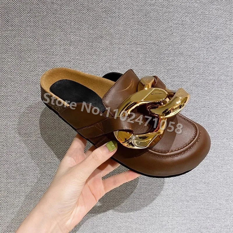 Metal Chain Decor Women Party Dress Slippers Fashion Round Toe Slingback Outside Wear Female Flats Slip-On Shallow Ladies Mules