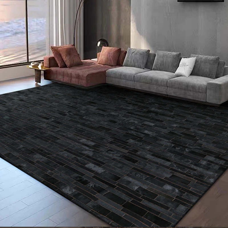 

Nordic Handmade Black Cowhide Carpet Black Mosaic Modern American Luxury Living Room Coffee Table Bedroom Bedside Cowhide Rug
